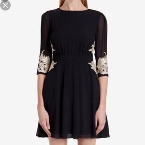 Ted Baker Black and Gold Embroidered Dress Size 2
